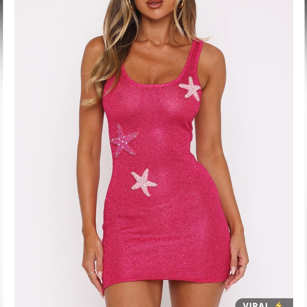 New White Fox Gen Z Love Sequin Starfish Knit Mini Dress Pink Size S
